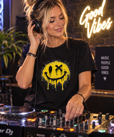 UAL Dripping Smiley T-Shirt – Black Black T-shirt with yellow dripping smiley face graphic.