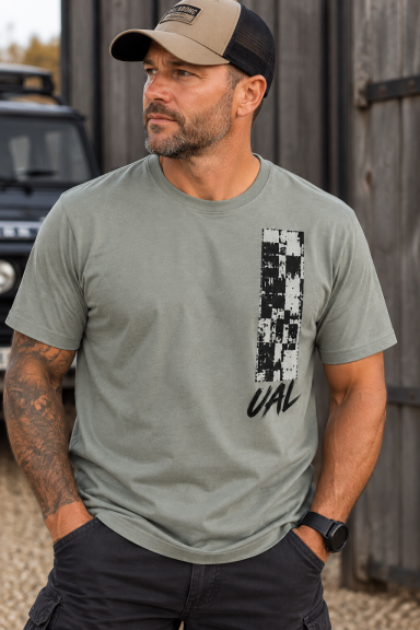 UAL Vertical Graphic T-Shirt – Sage Sage green T-shirt with vertical UAL graphic.