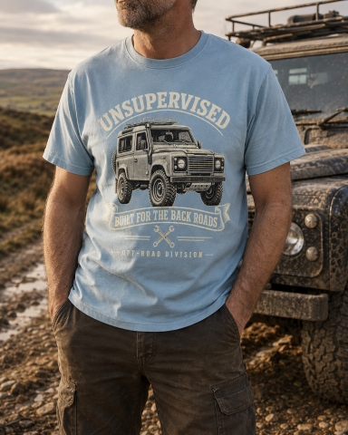 Unsupervised Off-Road T-Shirt – Light Blue Man wearing light blue Unsupervised Defender graphic T-shirt