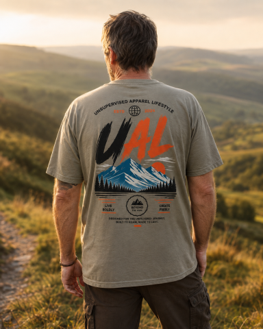 UAL Mountain Back Print T-Shirt – Grey Man wearing grey UAL mountain graphic T-shirt outdoor