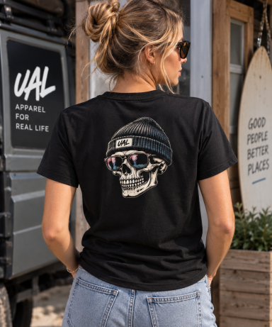 UAL Skull Back Print T-Shirt Woman wearing a black UAL skull graphic back print T-shirt