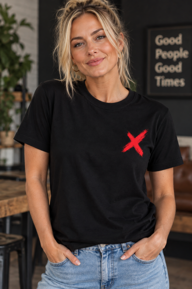 UAL Red Gen X T-Shirt – Black Woman wearing black UAL T-shirt with small red X chest graphic