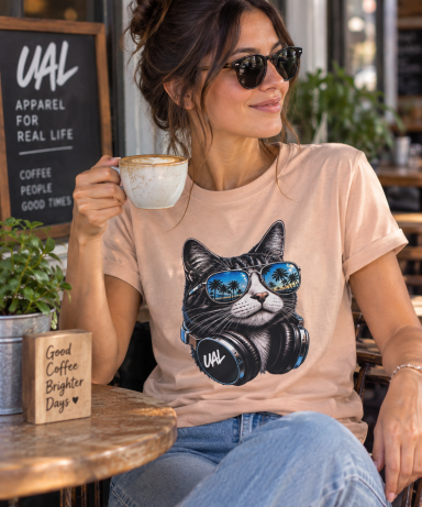 UAL Cat Headphones Graphic T-Shirt Woman wearing a UAL cat headphones graphic T-shirt in a café