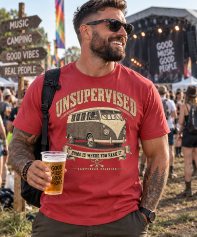 Unsupervised Campervan T-Shirt – Red Red T-shirt with vintage campervan graphic.