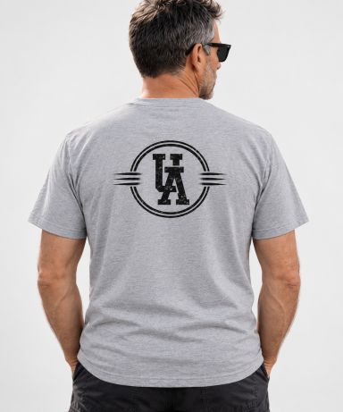UAL Circle Back Print T-Shirt – Grey Man wearing grey UAL T-shirt with circular back graphic