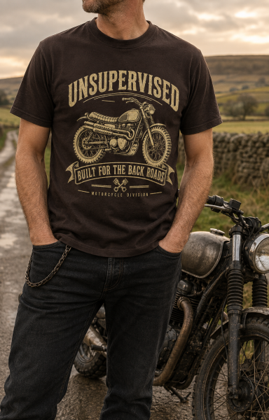 Unsupervised Scrambler T-Shirt - Black Black T-shirt with vintage scrambler motorcycle graphic.